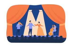 Opera singers playing on stage with musicians